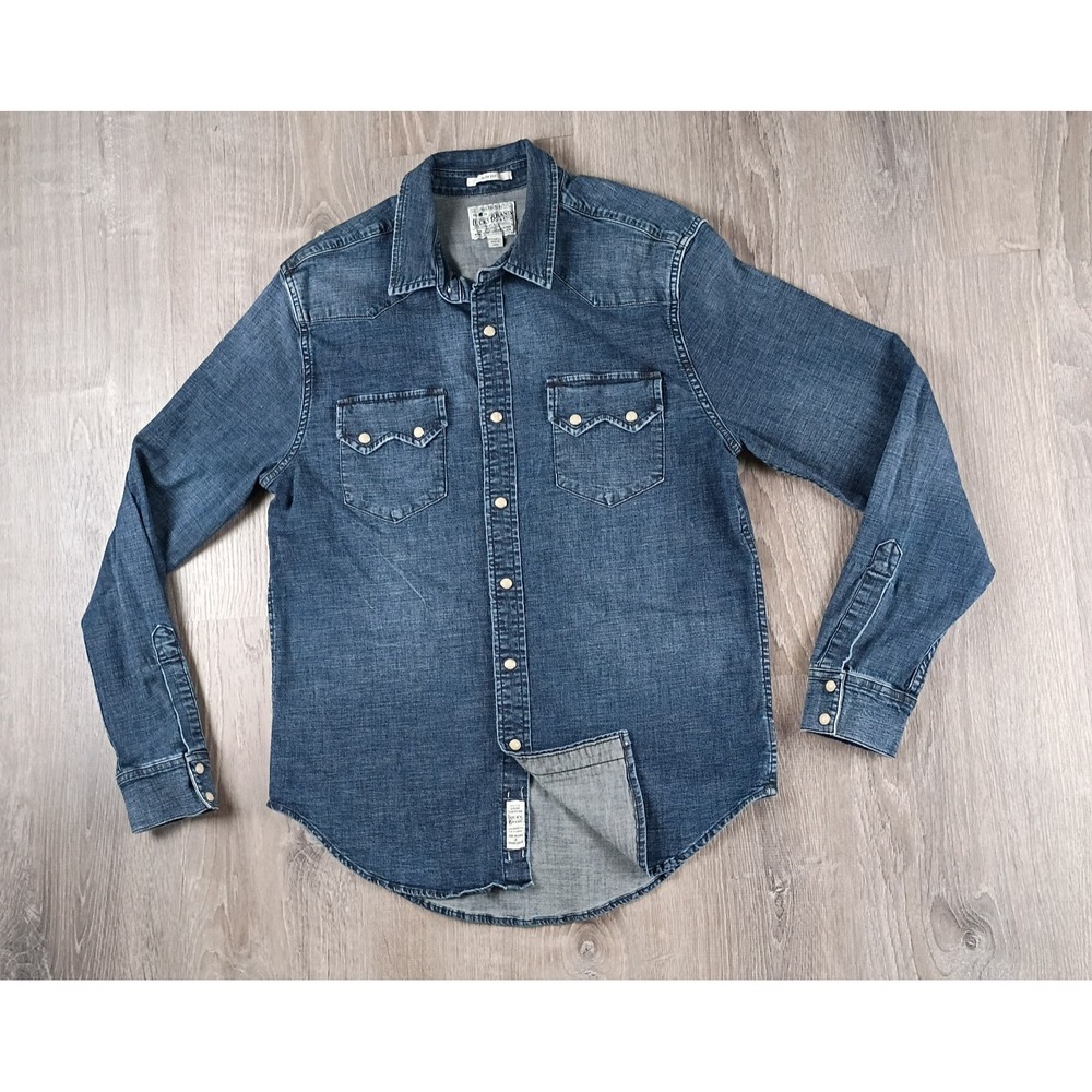 Lucky Brand Slim Fit Western Denim Shirt Mens M Pearl Snap Chambray Cowboy
